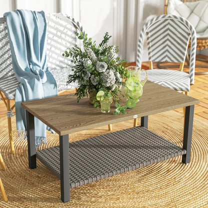 2-Tier Rectangle Outdoor Coffee Table, Wood-Effect Metal Top, Wicker Shelf, Brown Patio Side Tables at Gallery Canada