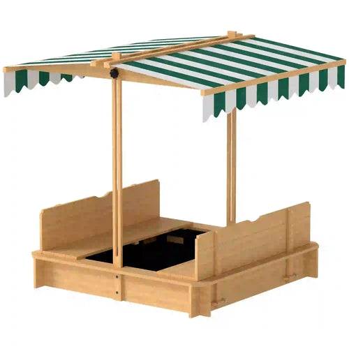 Wooden Kids Sandbox with Cover, Foldable Bench Seats, Adjustable Canopy, Light Brown