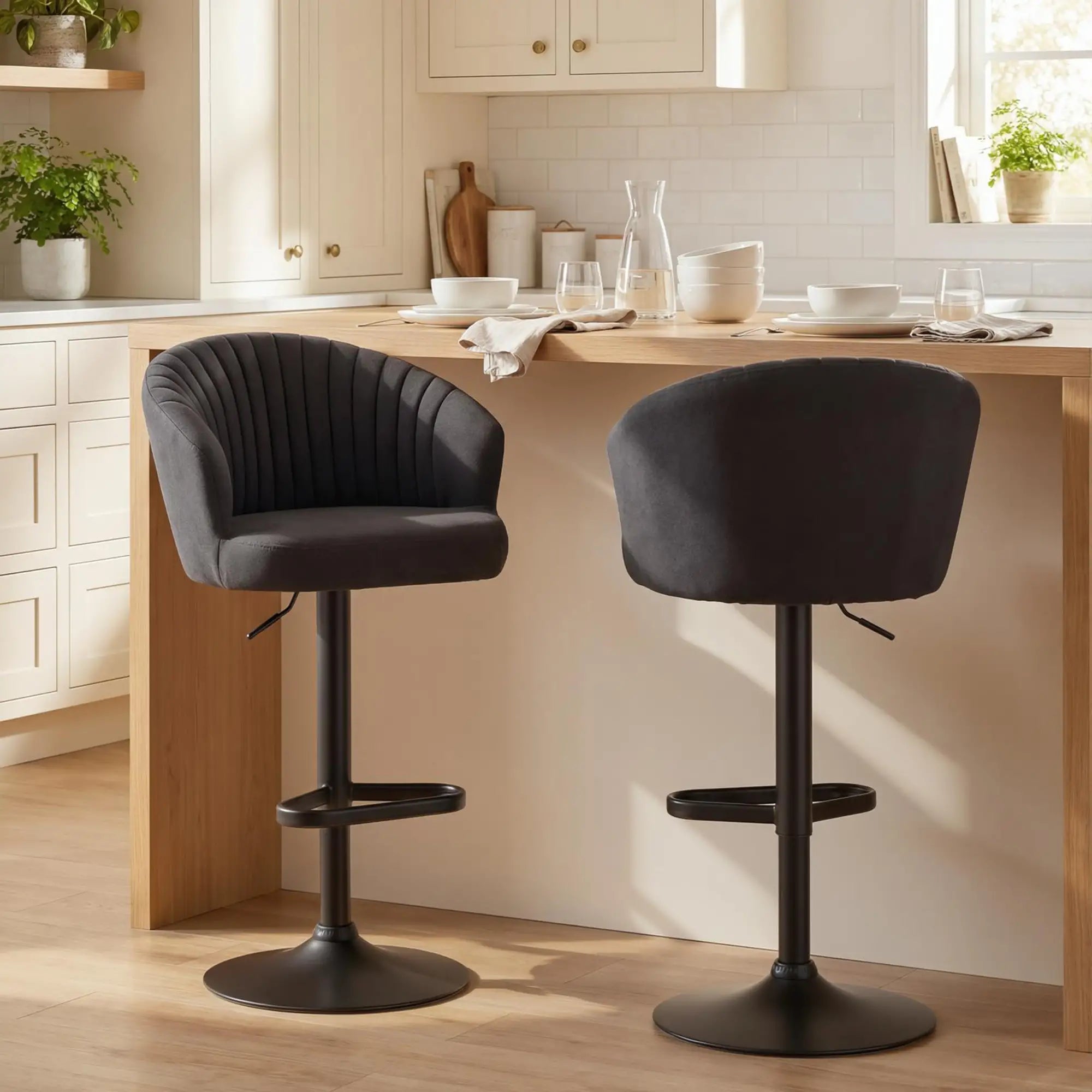 Adjustable Bar Stools Set of 2, Upholstered Kitchen Stools, Steel Frame, Black Bar Stools at Gallery Canada