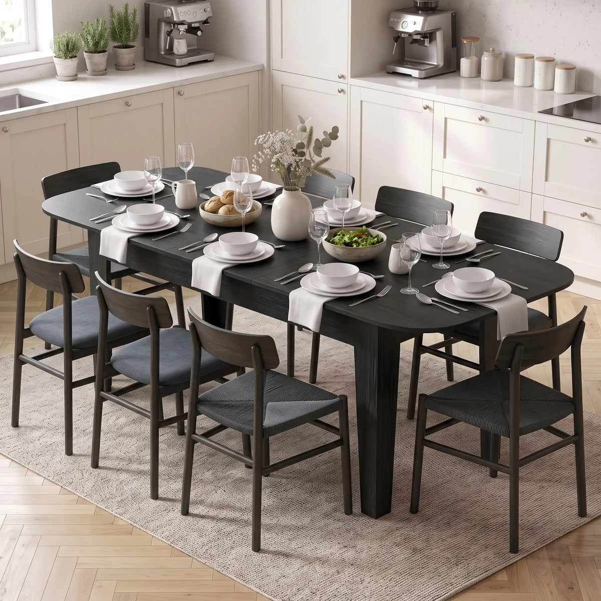 Extendable Oval Dining Table for 4-6, Farmhouse Kitchen Table, Black, Black