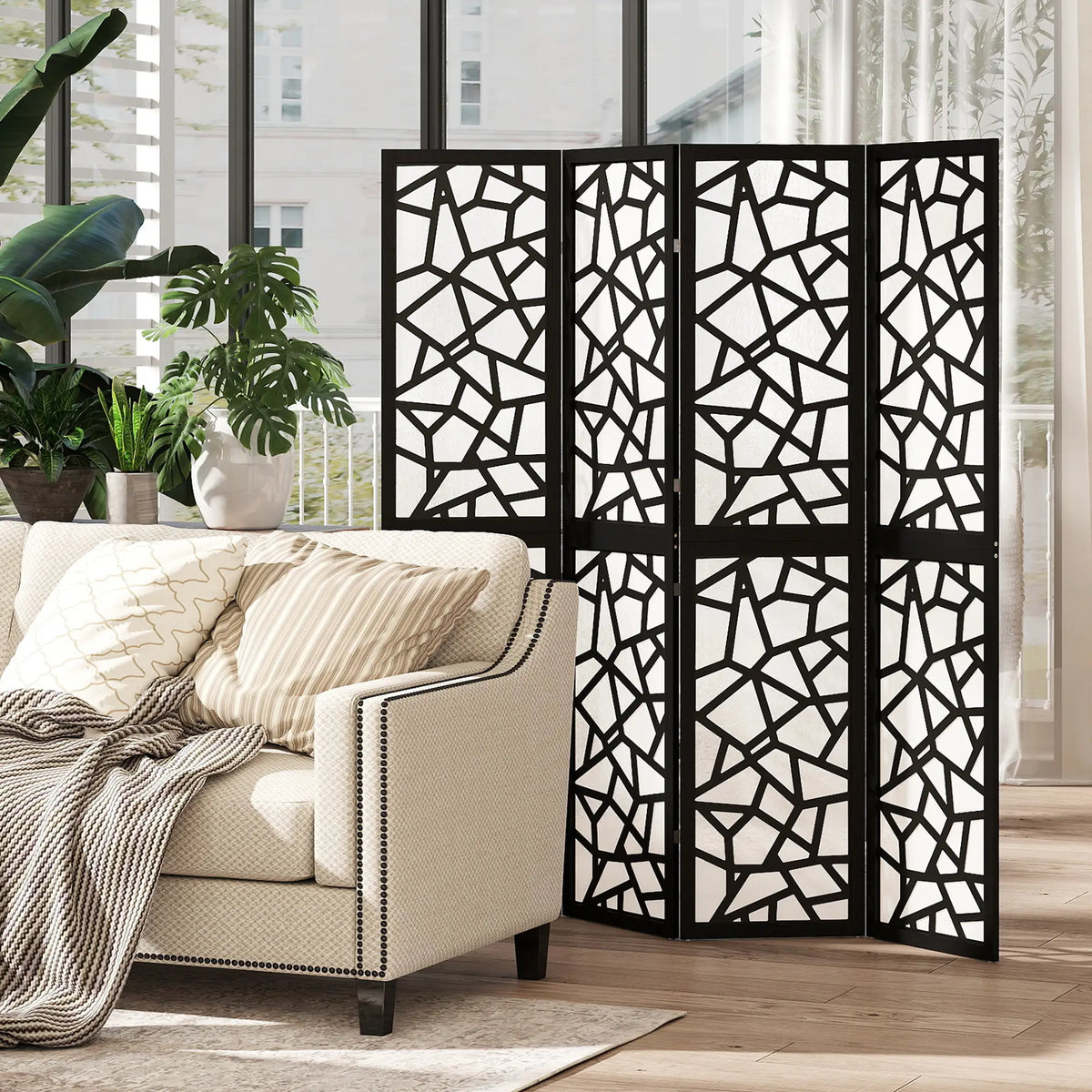 4 Panel Room Divider, 5.6 FT, Geometric Pattern Privacy Screen, Black Room Dividers at Gallery Canada