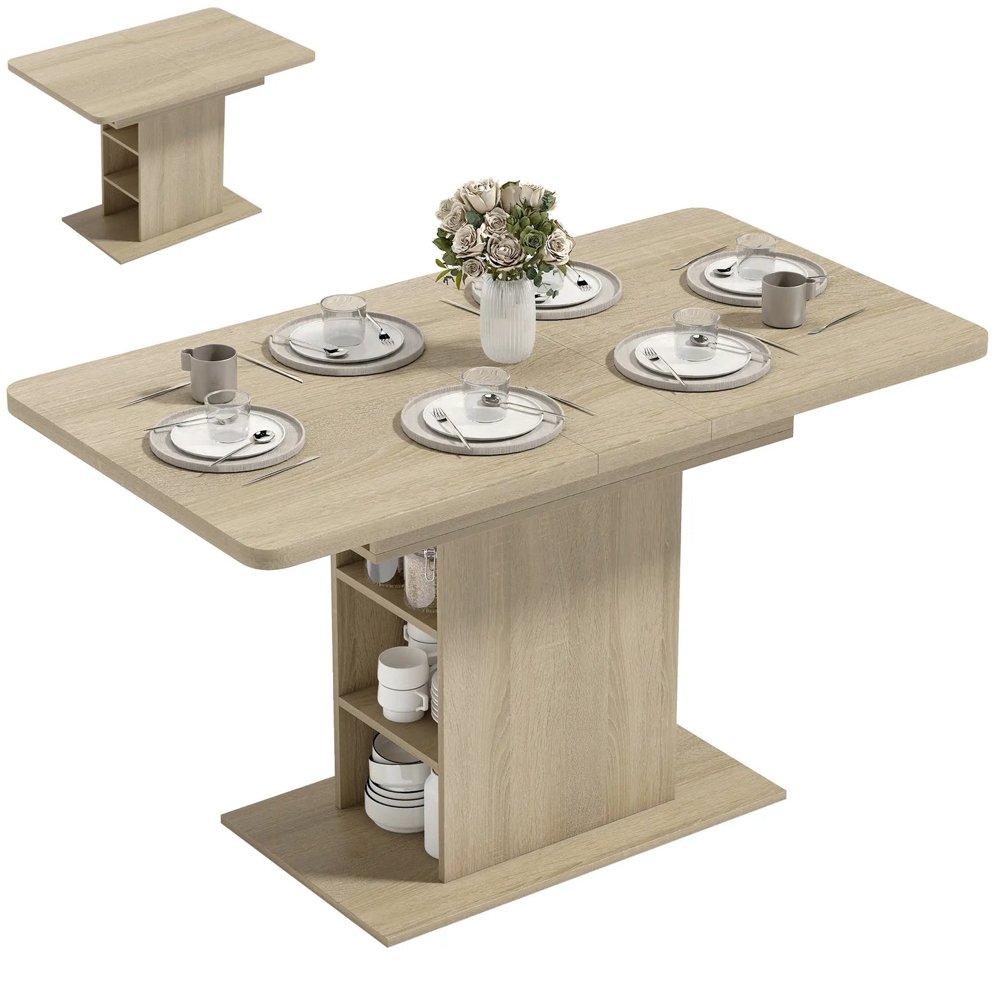 Extendable Dining Table, 43.3"-51.2", Natural Wood, 6 Shelves Dining Tables at Gallery Canada
