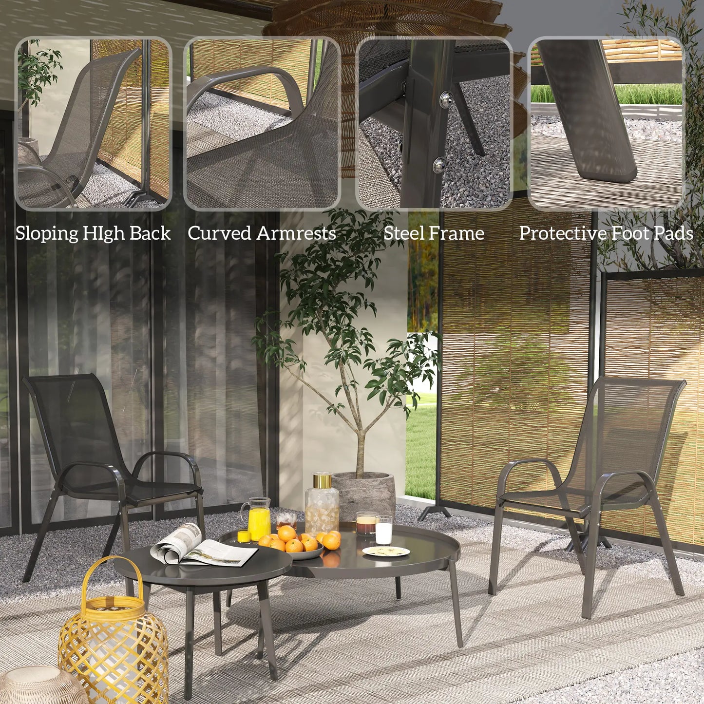Outdoor Dining Chairs Set of 2, Stackable, High Back, Black Patio Chairs at Gallery Canada