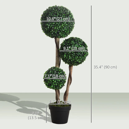 35 Inch Artificial Boxwood Topiary Tree, Triple Ball, Dark Green Artificial Trees at Gallery Canada