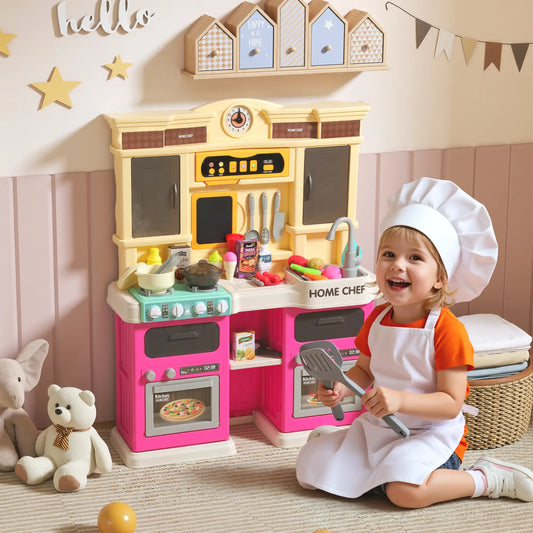 Kids Play Kitchen Set with Lights, Sounds, Pink Play Kitchen Pink, White, Yellow at Gallery Canada