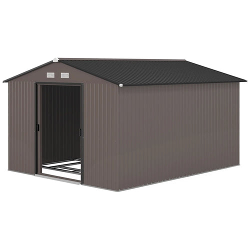 9' x 10.6' Garden Storage Shed, Foundation Kit, Metal Tool House, Double Doors, Brown