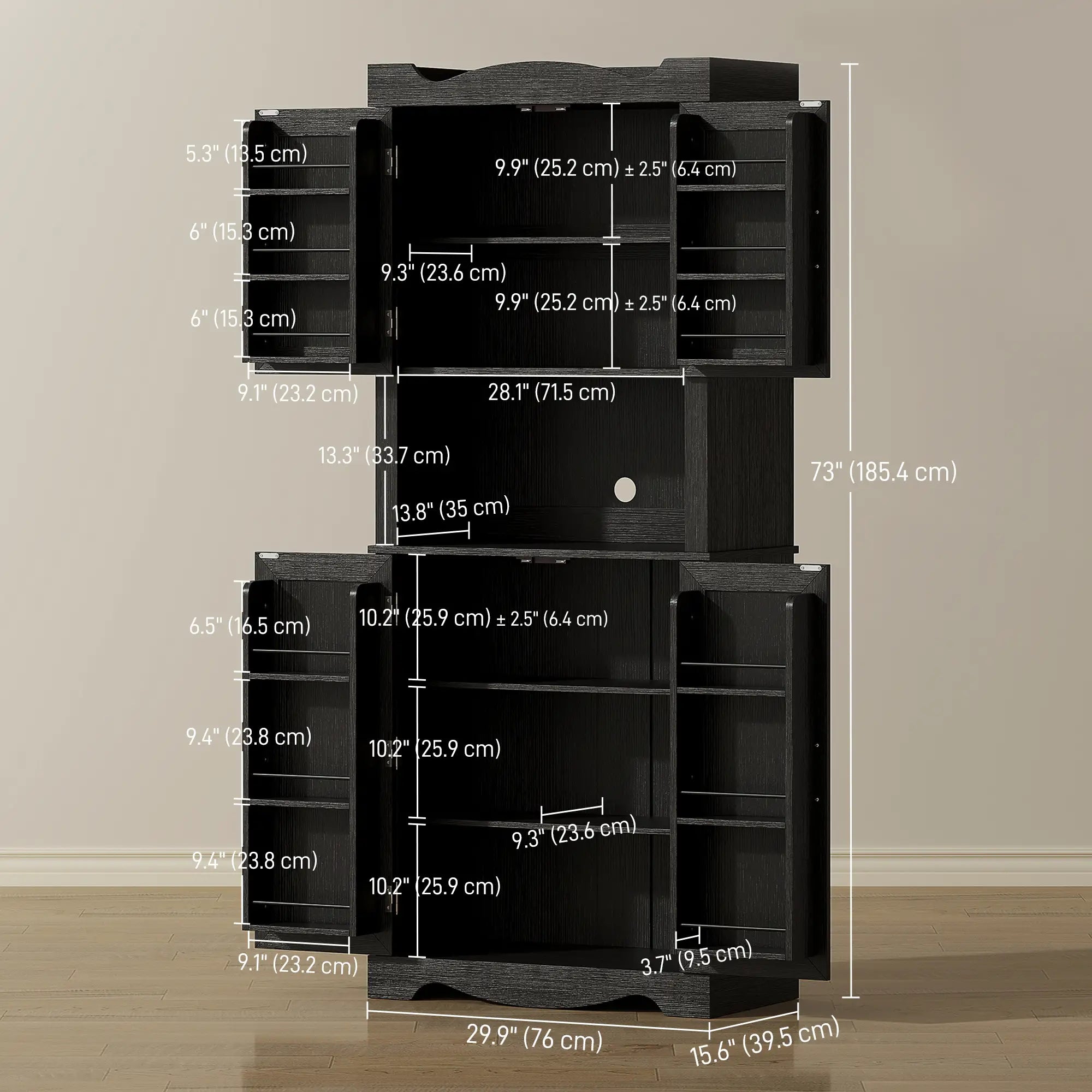73 Inch Kitchen Pantry Cabinet, Freestanding Hutch, 12 Shelves, Black Kitchen Pantry Cabinets at Gallery Canada