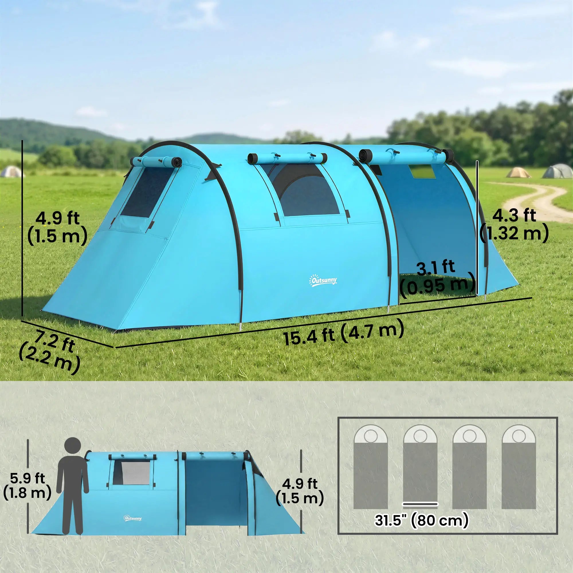 3-4 Person 2 Room Camping Tent, 3000Mm Waterproof, Sky Blue Camping Tents at Gallery Canada