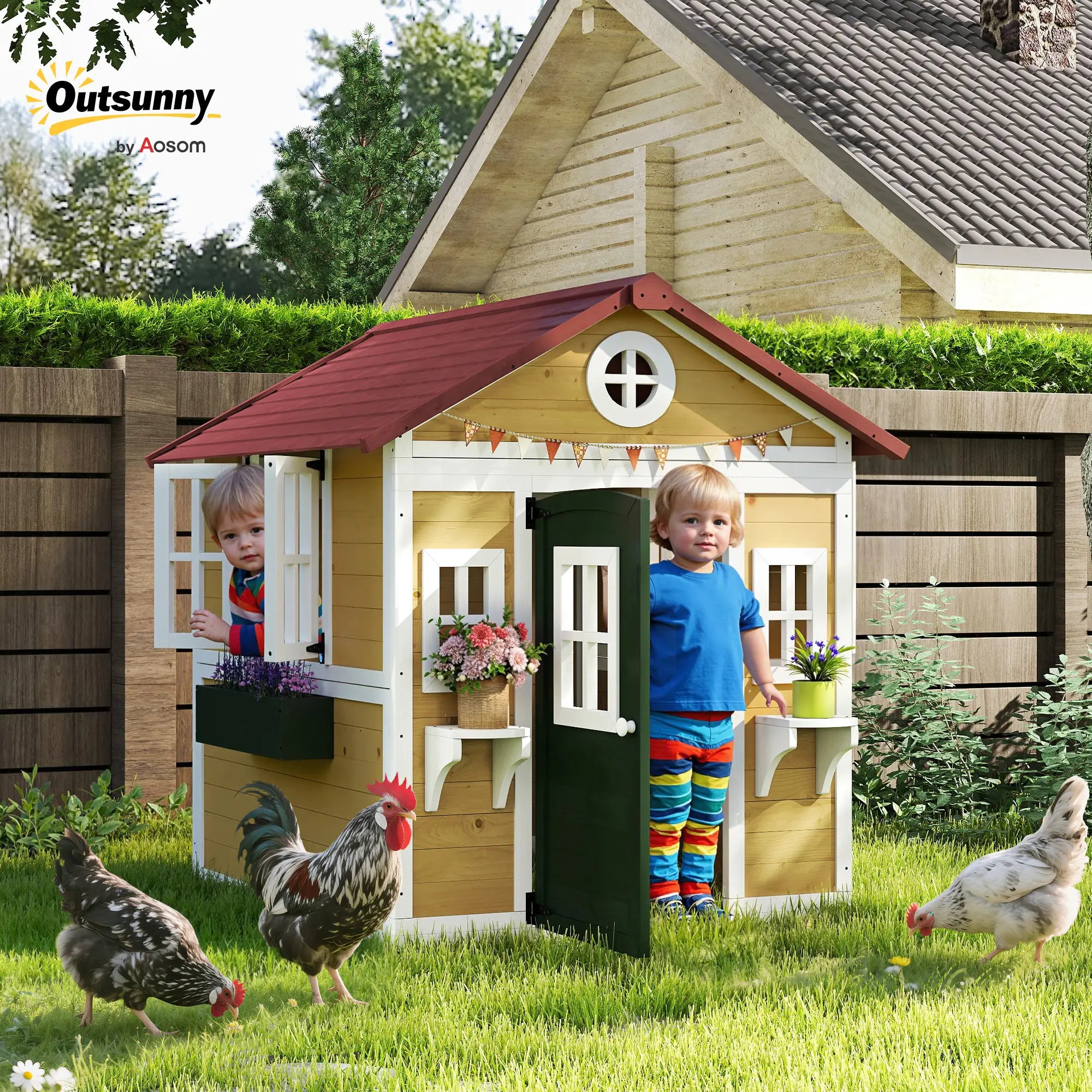 Wooden Playhouse for Kids, Outdoor with Door, Windows, Beige Play Houses at Gallery Canada