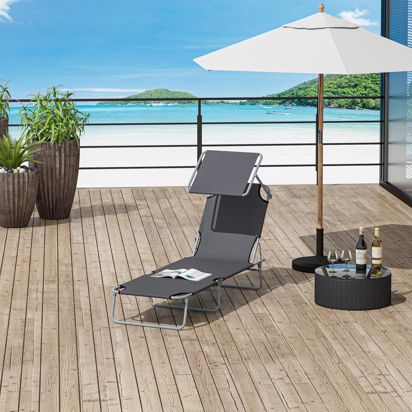 Outdoor Lounge Chair, Adjustable Folding Chaise, Tanning Chair with Shade, Grey Lounger Chairs at Gallery Canada
