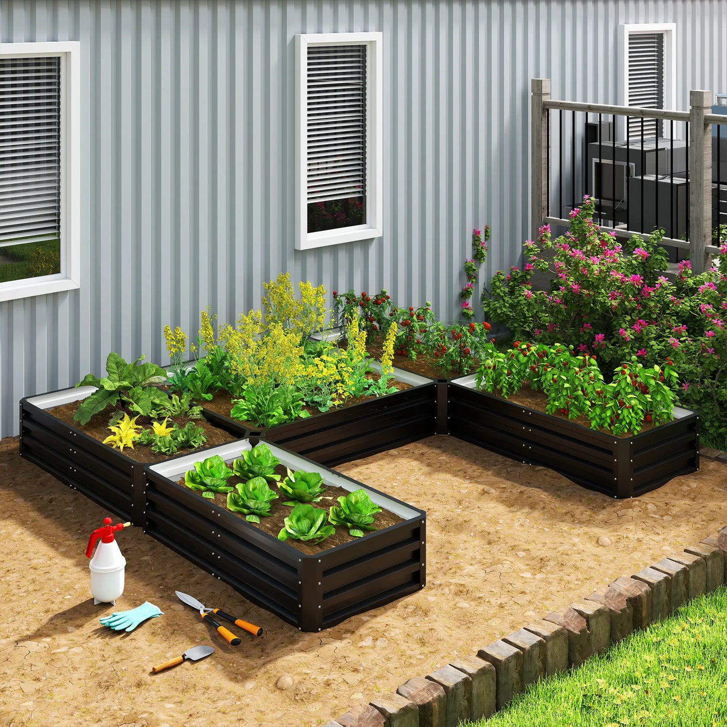 Steel Raised Garden Bed, 8x8x1ft, Set of 5 Large Planters, Black Galvanized Planter Boxes at Gallery Canada