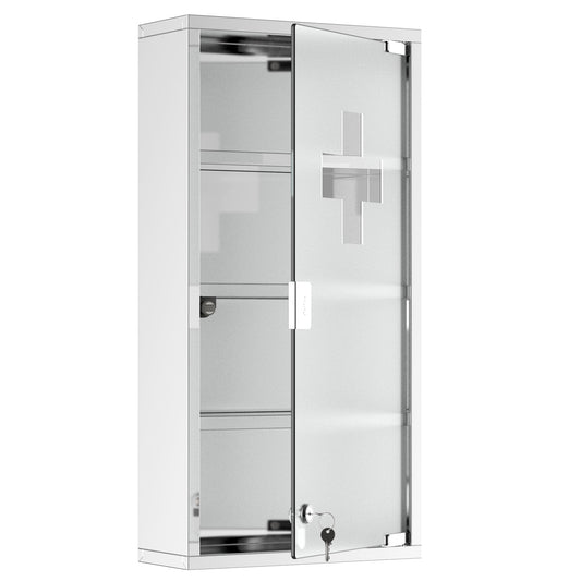 Wall Mount Medicine Cabinet, Bathroom Cabinet with 4 Tier Shelves, Stainless Steel Frame and Glass Door, Lockable with 2 Keys, Silver, 12" x 23.5" - Gallery Canada