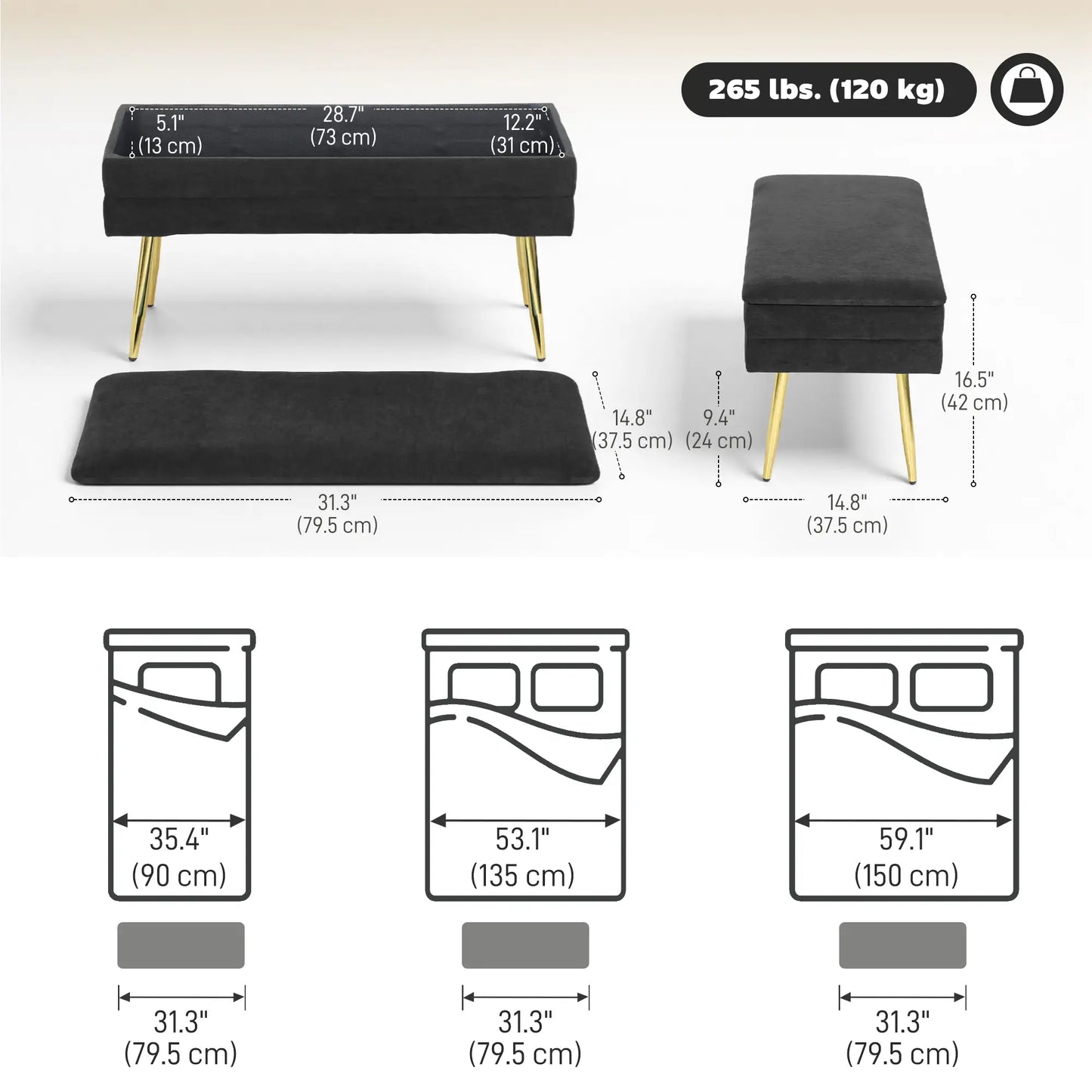 31" Storage Ottoman, Velvet Bench With Steel Legs, Black Storage Ottomans & Benches at Gallery Canada