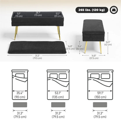 31" Storage Ottoman, Velvet Bench With Steel Legs, Black Storage Ottomans & Benches at Gallery Canada