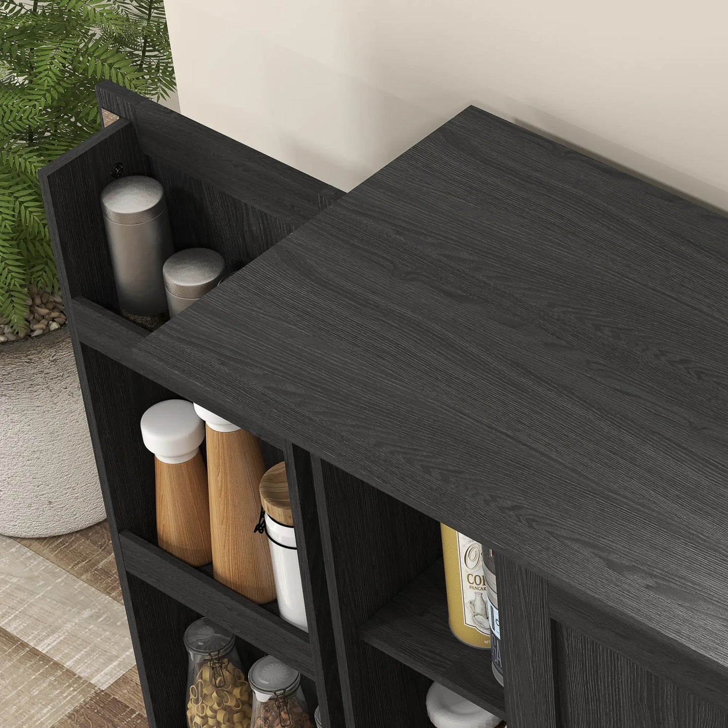 70" Tall Kitchen Pantry Cabinet, Adjustable Shelves, Black Wood Grain, Black Kitchen Pantry Cabinets at Gallery Canada