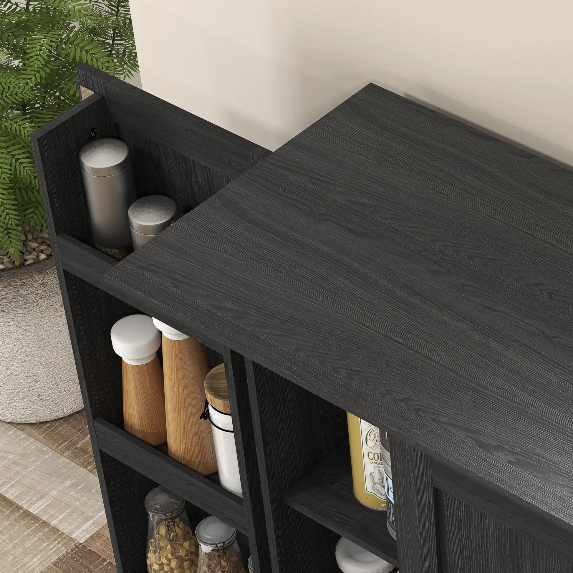 70" Tall Kitchen Pantry Cabinet, Adjustable Shelves, Black Wood Grain, Black Kitchen Pantry Cabinets at Gallery Canada