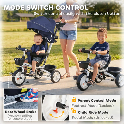 6 in 1 Toddler Tricycle, Parent Push Handle, Canopy, Storage Baskets, Dark Blue Tricycles for Kids at Gallery Canada