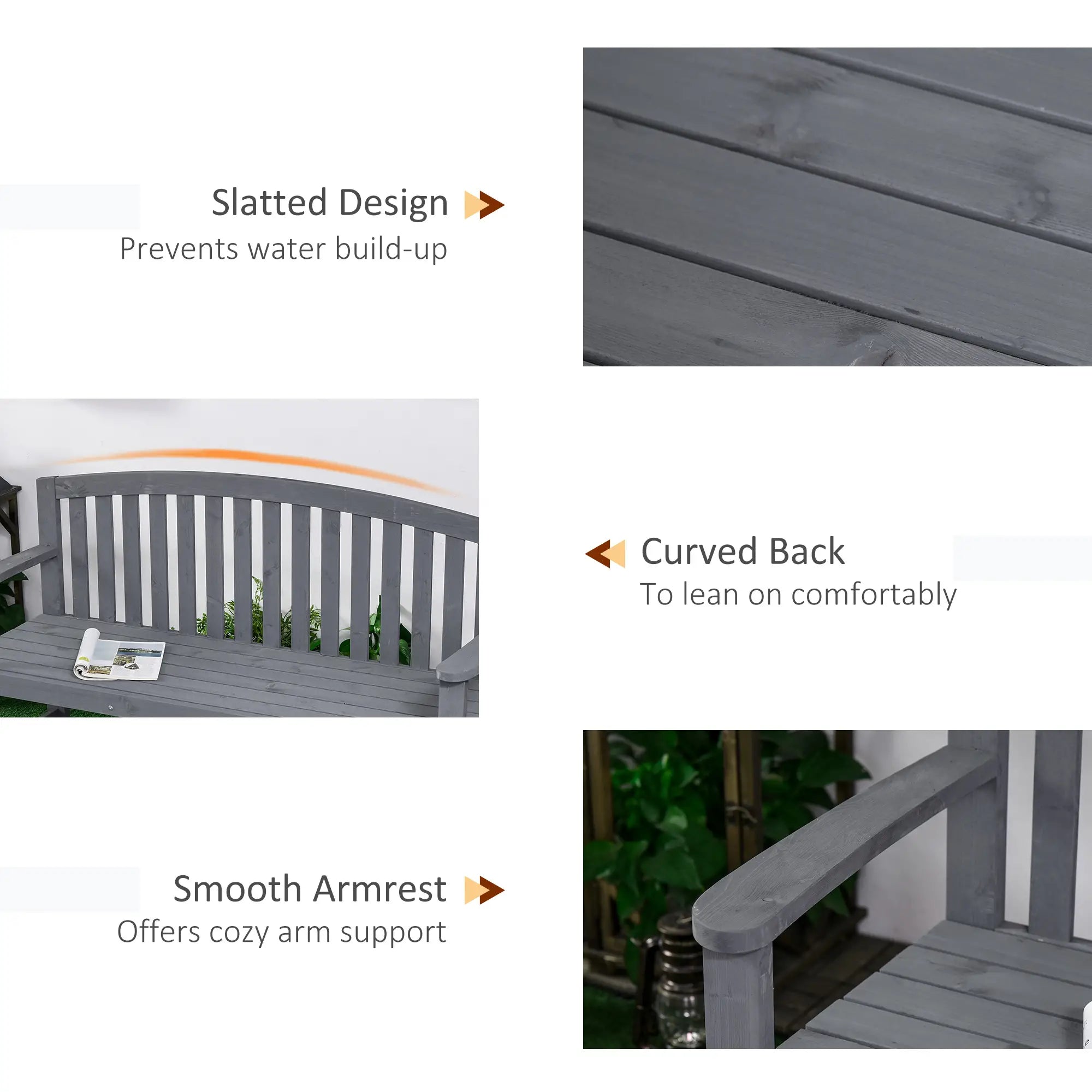 Wooden Bench, Slatted Design with Backrest, Armrests, Grey Outdoor Benches at Gallery Canada