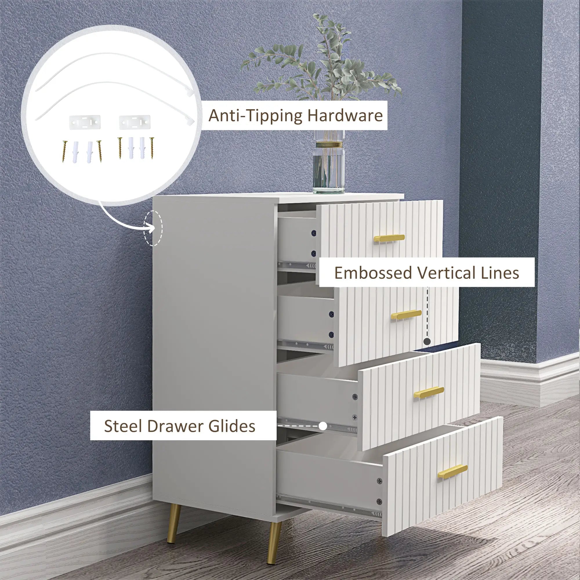 4 Drawer Cabinet, Bedroom Chest of Drawers, Aluminium Legs, Gold Handles, White Storage Cabinets at Gallery Canada