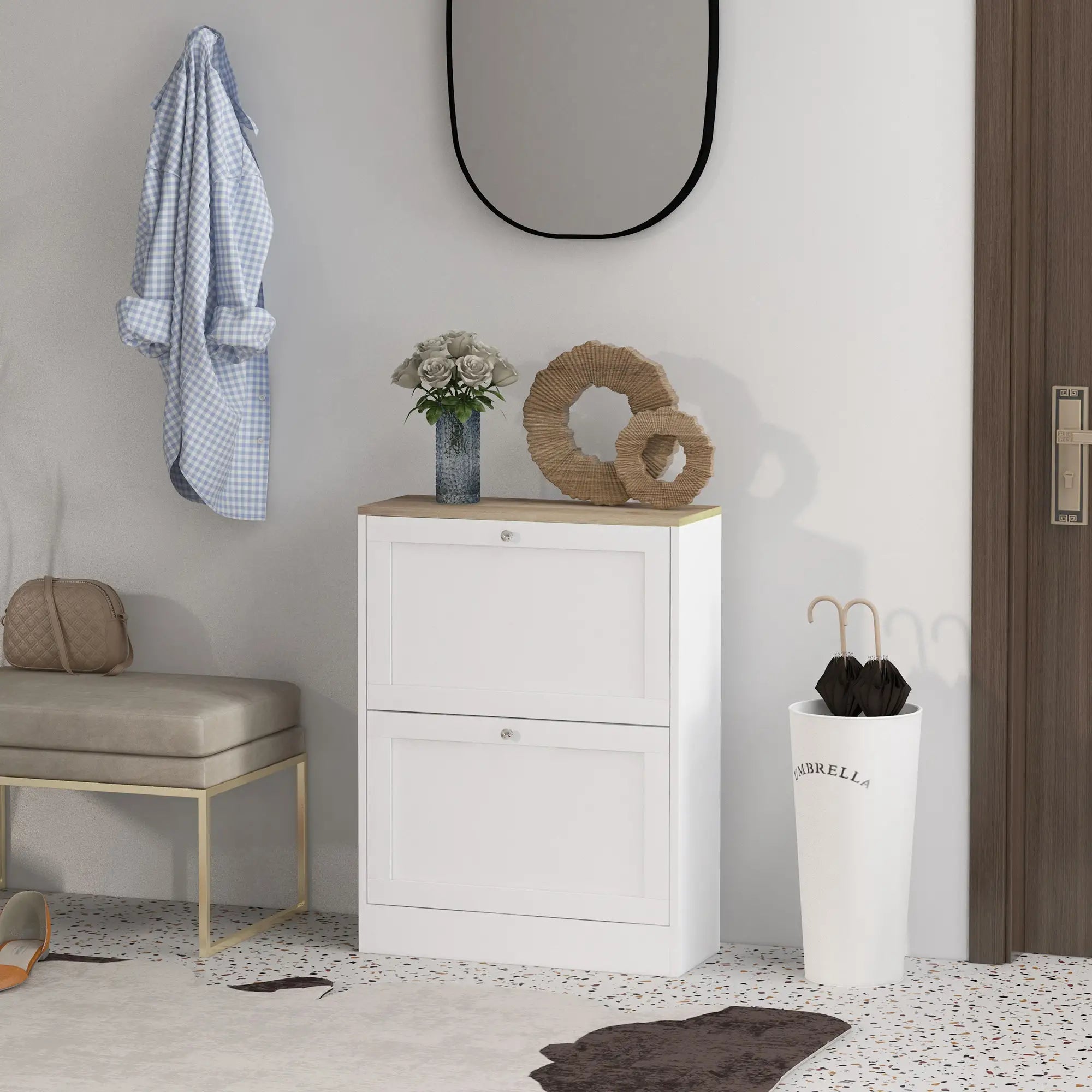 Slim Shoe Storage Cabinet, 2 Flip Drawers, Adjustable Shelves for 12 Pairs, White Shoe Storage Cabinets & Racks at Gallery Canada