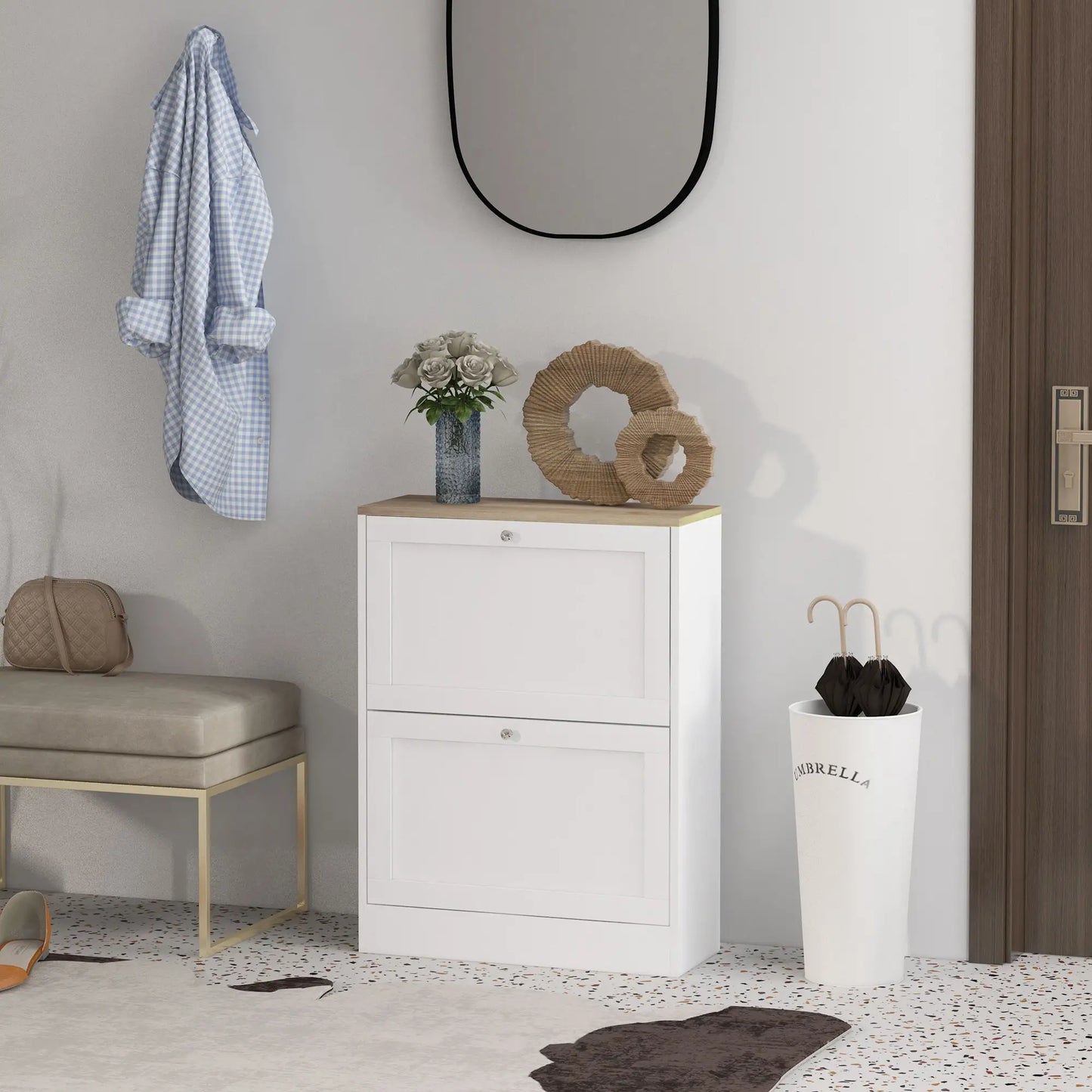 Slim Shoe Storage Cabinet, 2 Flip Drawers, Adjustable Shelves for 12 Pairs, White Shoe Storage Cabinets & Racks at Gallery Canada