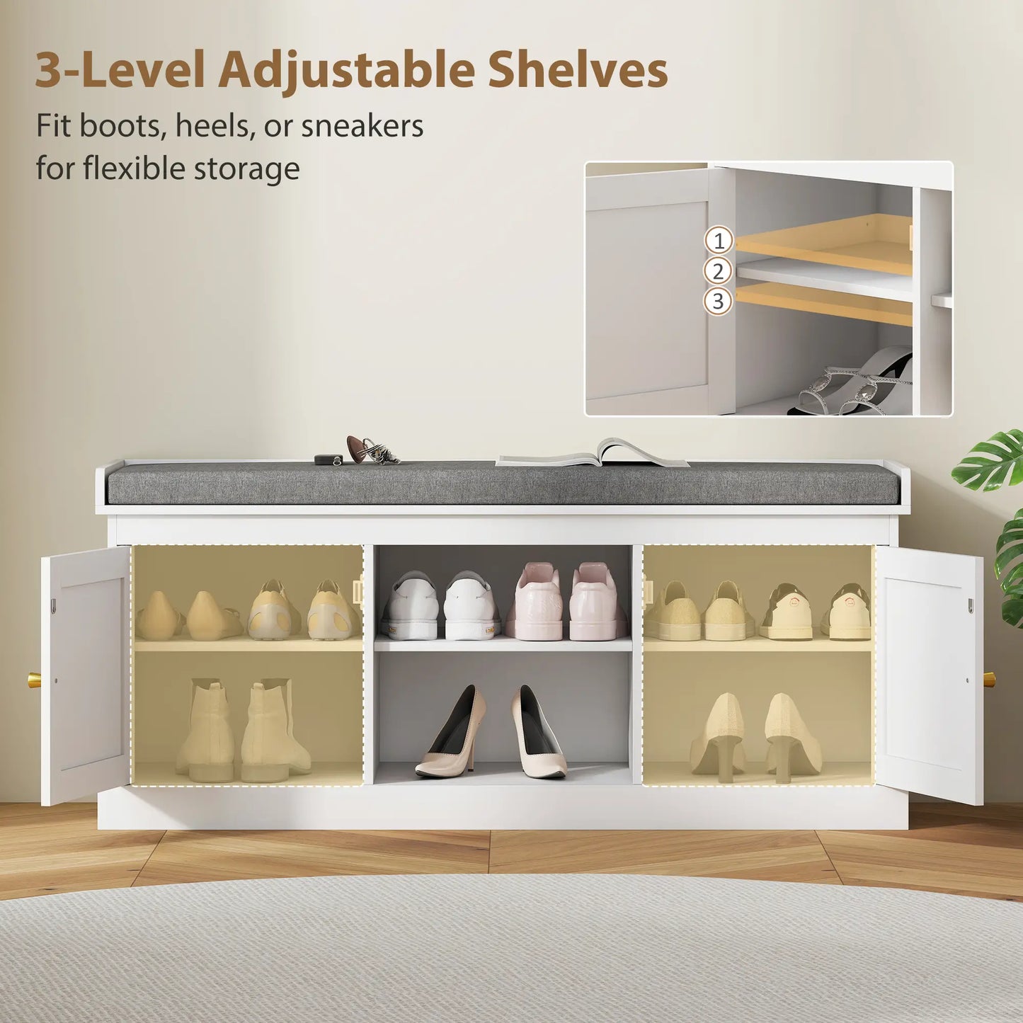 Shoe Bench with Padded Cushion, Boho Entryway, Rattan Doors, Adjustable Shelves, White Shoe Storage Cabinets & Racks at Gallery Canada