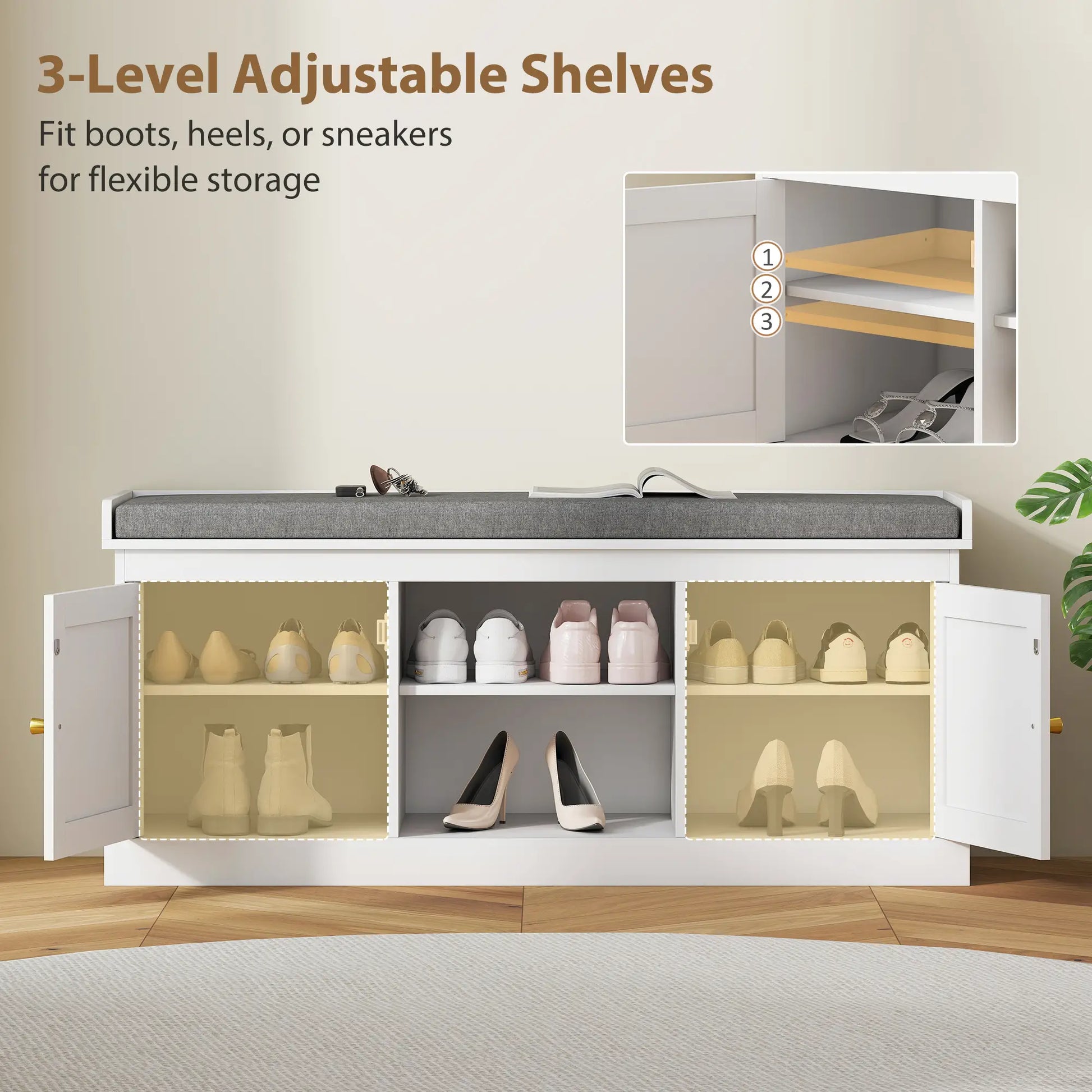 Shoe Bench with Padded Cushion, Boho Entryway, Rattan Doors, Adjustable Shelves, White Shoe Storage Cabinets & Racks at Gallery Canada