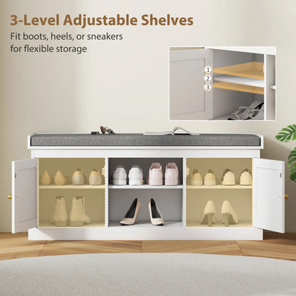 Shoe Bench with Padded Cushion, Boho Entryway, Rattan Doors, Adjustable Shelves, White Shoe Storage Cabinets & Racks at Gallery Canada