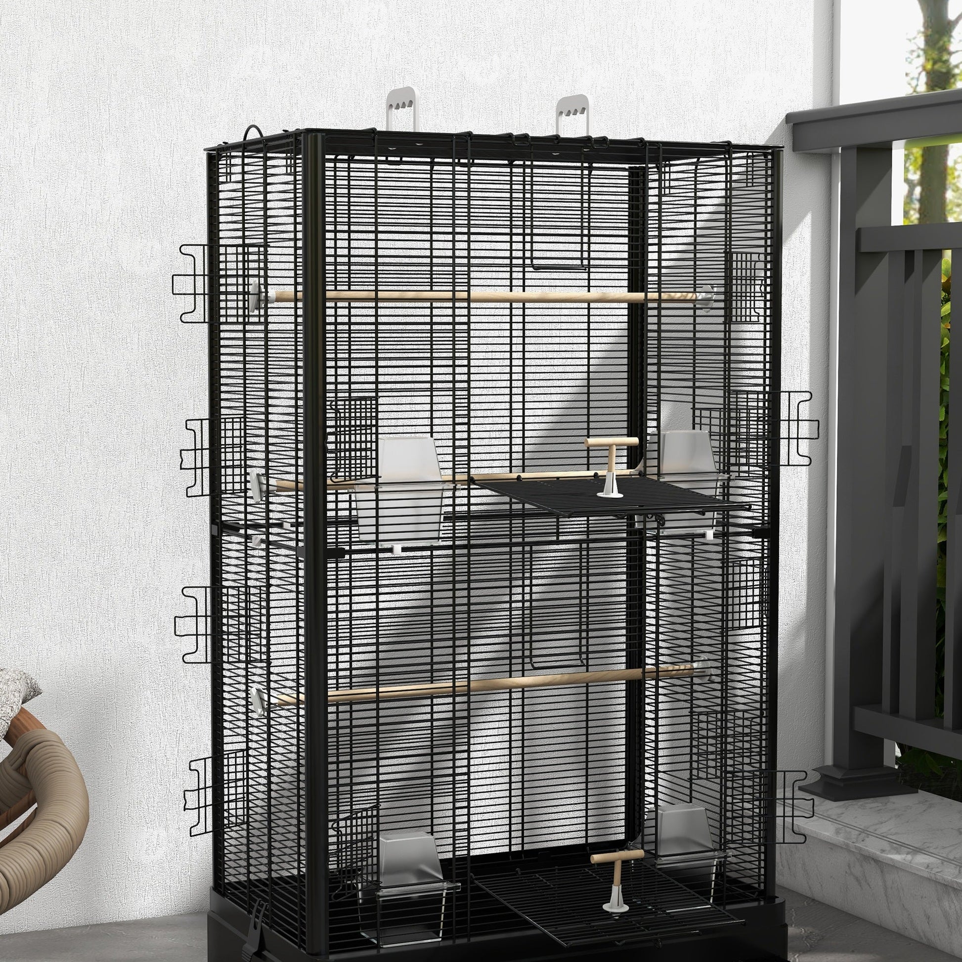 39" Bird Cage for Budgie Finches Canaries Love Birds with Wooden Stands, Slide-Out Tray, Handles, Food Containers, Black at Gallery Canada