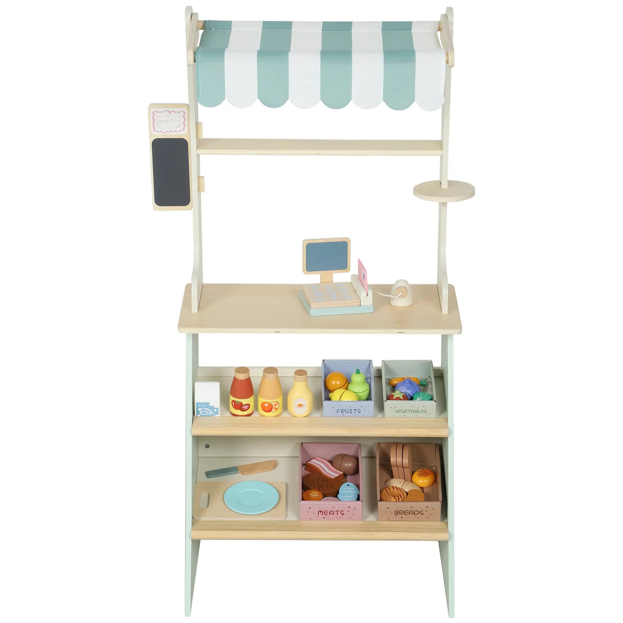 Kids Grocery Store Playset, Toy Set with Cash Register, Chalkboard, Food Toy Playsets Light Green, Beige, Natural Wood at Gallery Canada