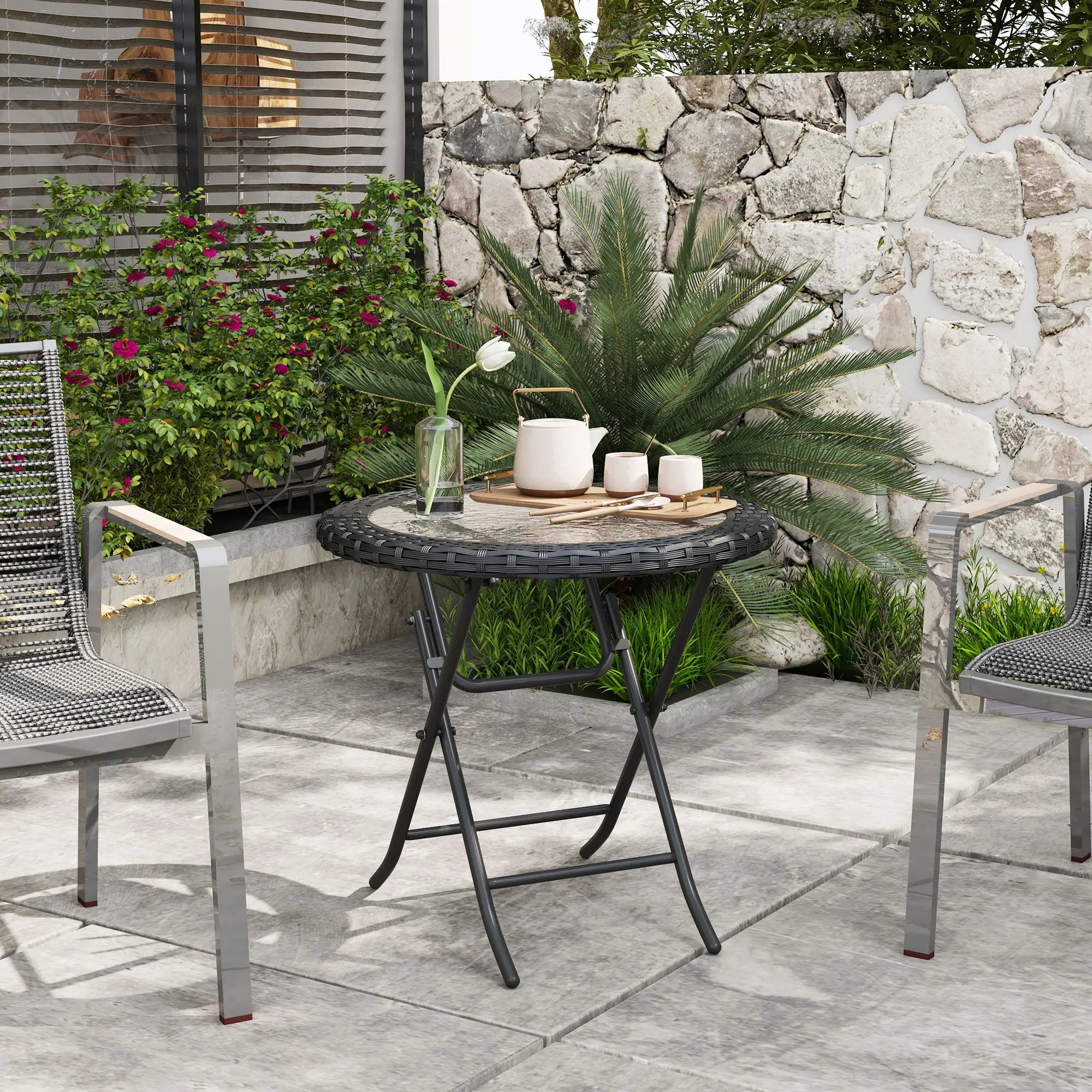 Folding Round Tempered Glass Table, Metal Frame, Black Patio Side Tables at Gallery Canada