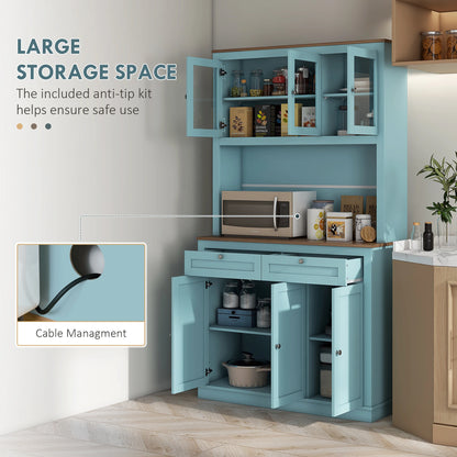 71" Pantry Cabinet with Microwave Space, Buffet Hutch, 2 Drawers, Adjustable Shelves, Glass Doors, Blue Kitchen Pantry Cabinets at Gallery Canada