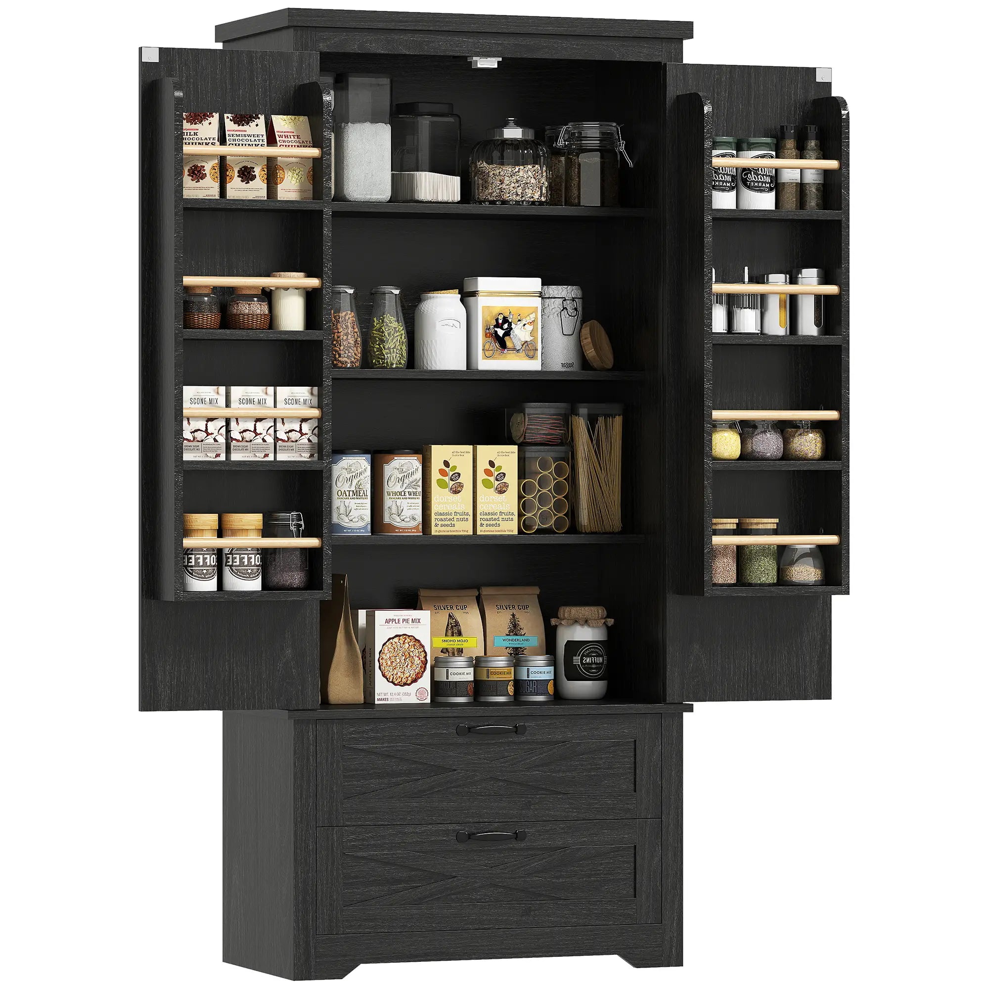 Farmhouse Kitchen Pantry Storage Cabinet, 64 Inch, Distressed Black Kitchen Pantry Cabinets at Gallery Canada
