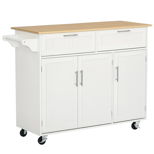 Rolling Kitchen Island, Cart with 2 Drawers, 3 Door Cabinets, 3-Doors, White