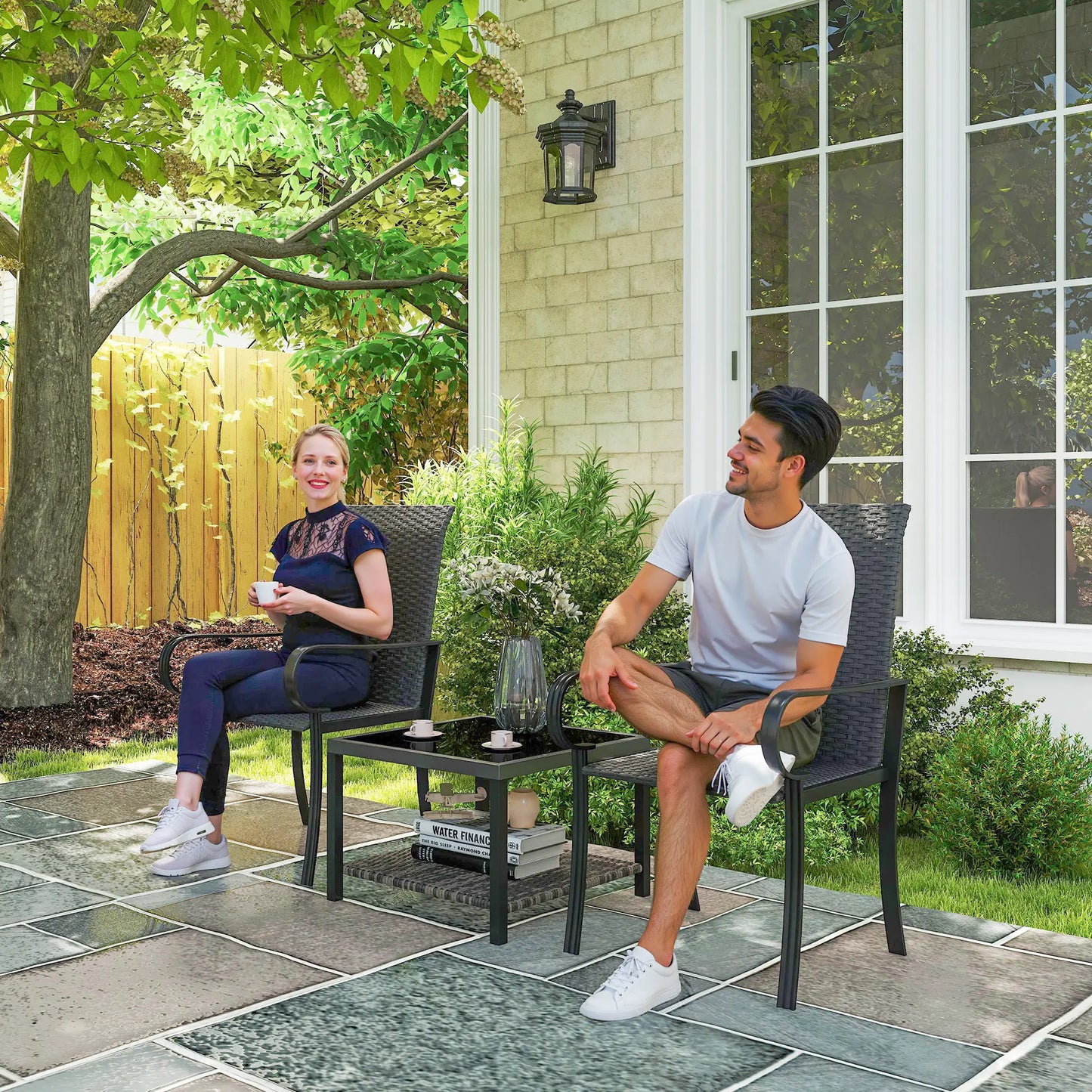 2 PE Rattan Patio Dining Chairs, Steel Frame, Garden, Backyard, Black Patio Chairs at Gallery Canada