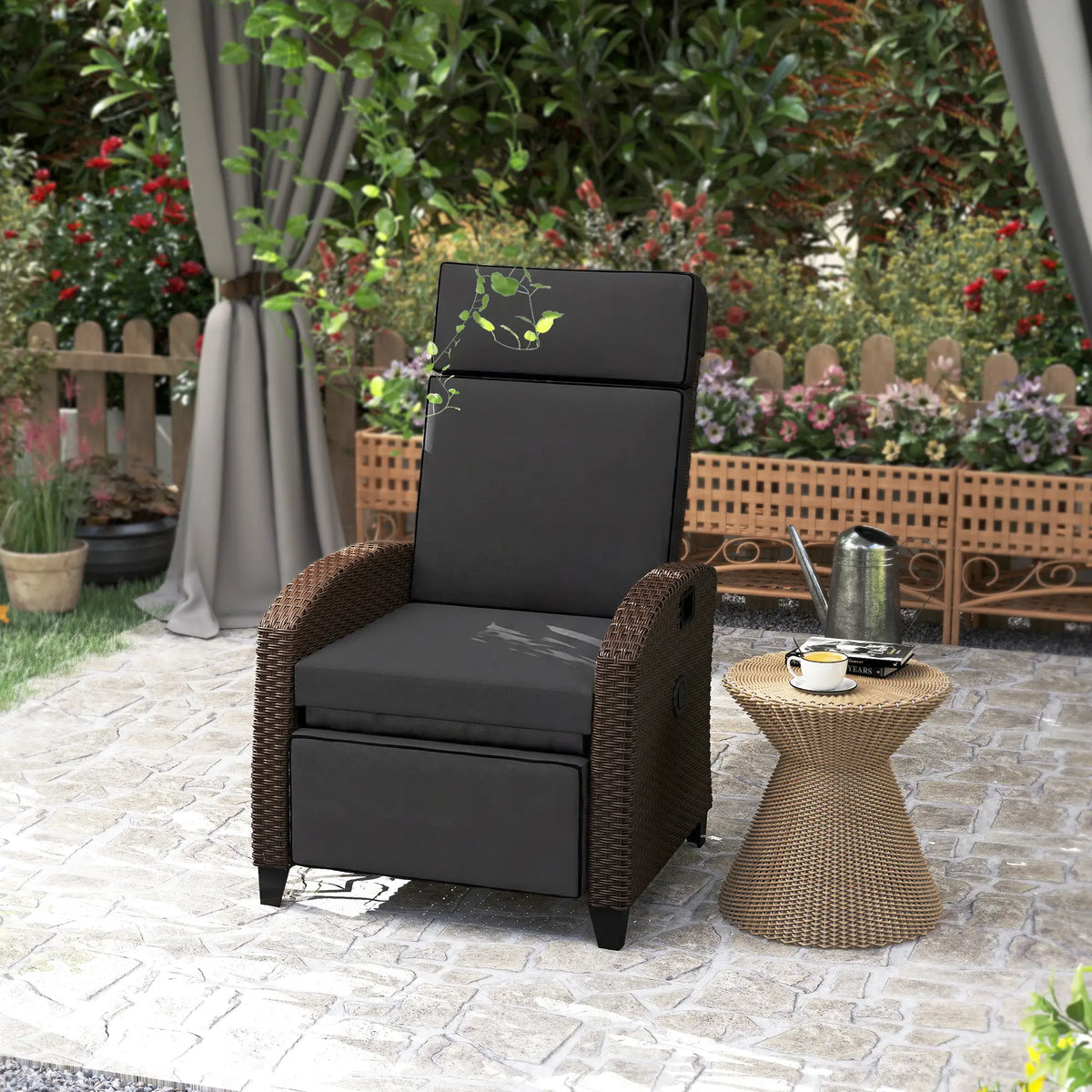 Outdoor Recliner Chair, Adjustable Backrest, Cushion, Side Tray, Black Wicker Chaise Loungers at Gallery Canada