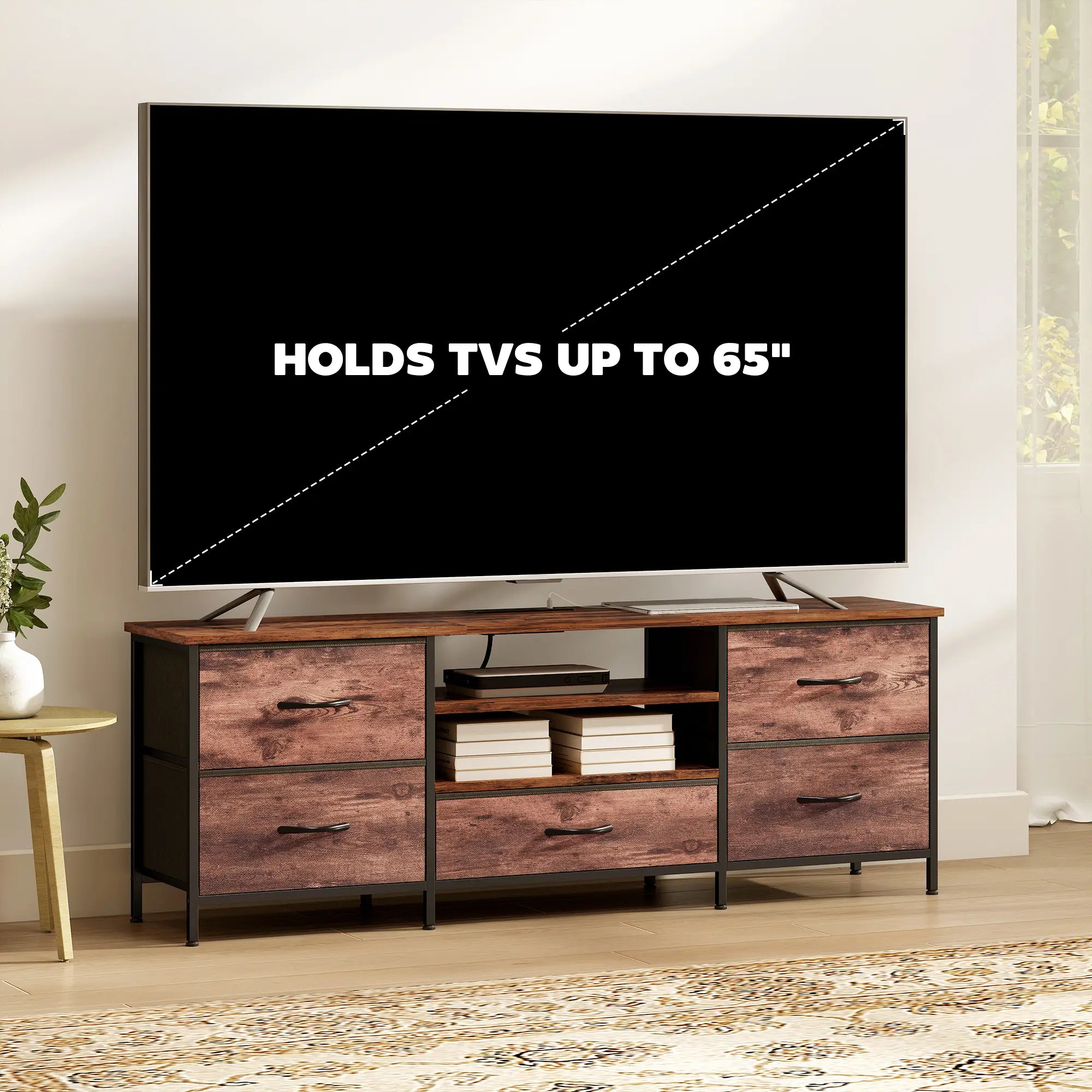 TV Stand For 65 Inch TVs, Industrial Console With Charging Station, 5 Drawers, Rustic Brown TV Stands at Gallery Canada