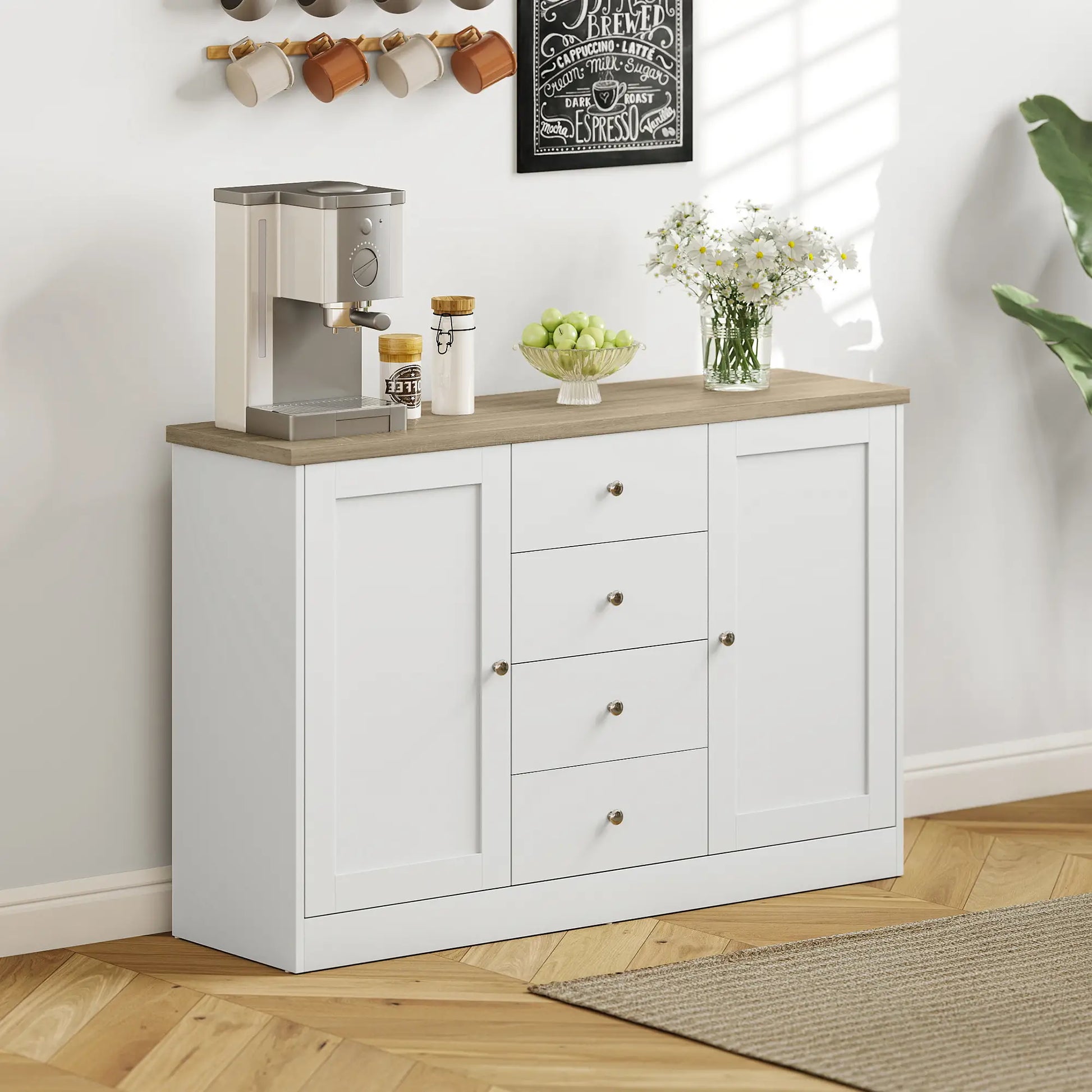 Country Style Sideboard Buffet, Coffee Bar Cabinet, Adjustable Shelf, 2 Shaker Doors, 4 Drawers, White Bar Cabinets at Gallery Canada