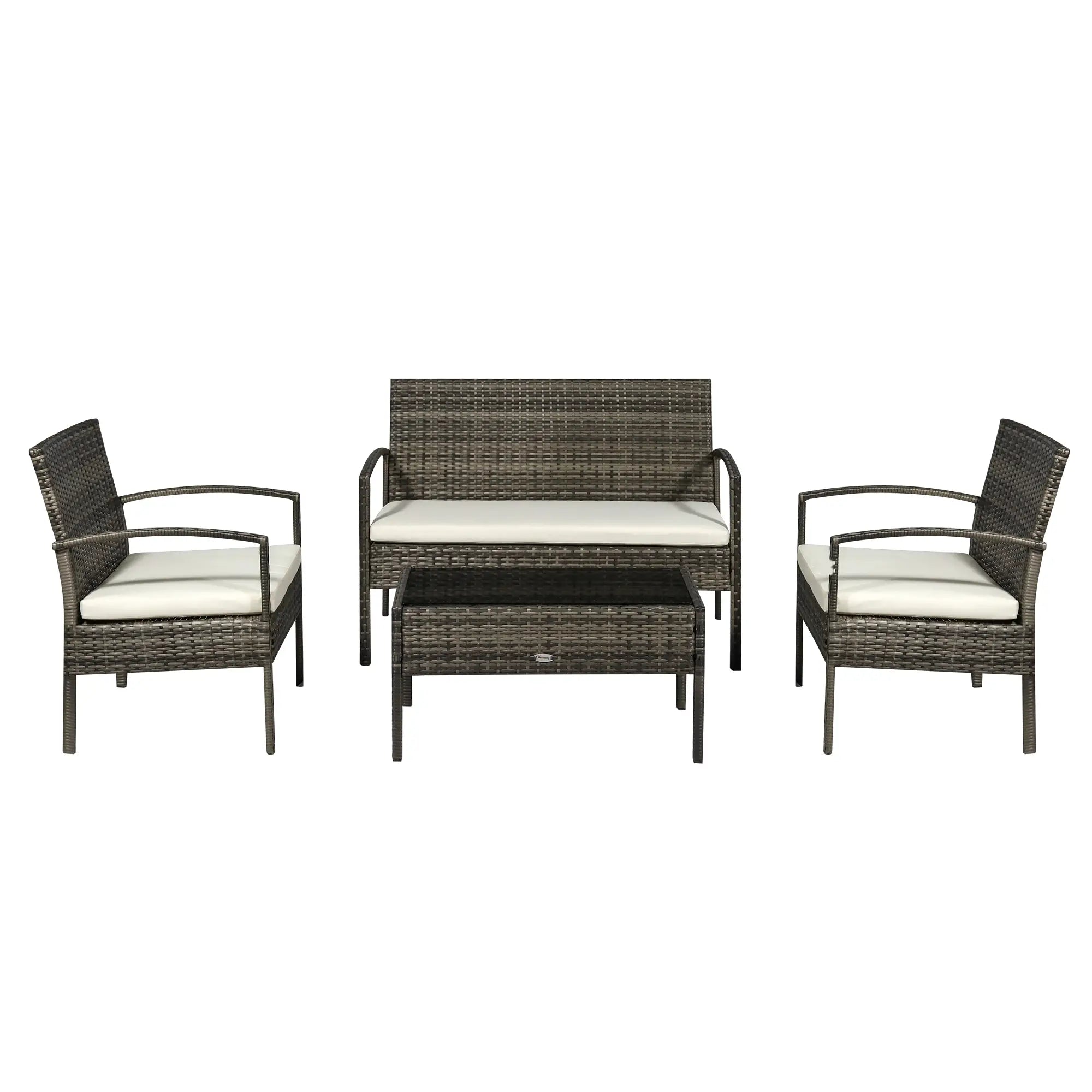 4-Piece Patio Set, Loveseat, 2 Armchairs, Coffee Table, PE Rattan, Cushions, Grey, Cream Patio Furniture Sets Light Grey at Gallery Canada