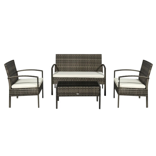 4-Piece Patio Set, Loveseat, 2 Armchairs, Coffee Table, PE Rattan, Cushions, Grey, Cream Patio Furniture Sets Light Grey at Gallery Canada