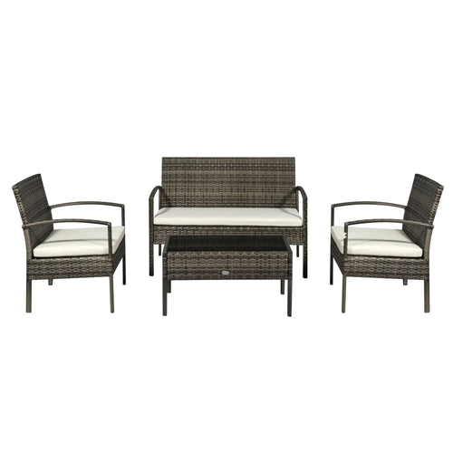 4-Piece Patio Set, Loveseat, 2 Armchairs, Coffee Table, PE Rattan, Cushions, Grey, Cream
