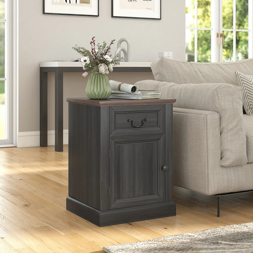 Side Table Set of 2 with Drawer and Cabinet, Black