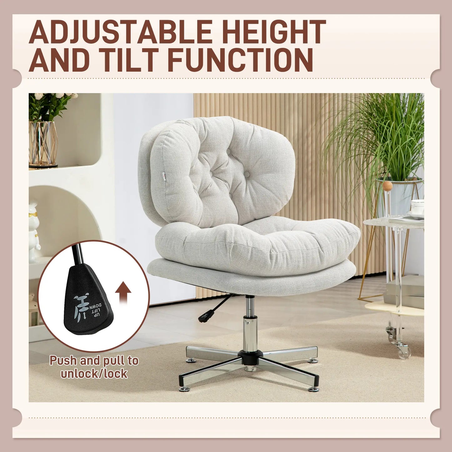 Computer Desk Chair, Armless Office Chair with Wide Padded Seat and Adjustable Height, Cream White Task Chairs at Gallery Canada