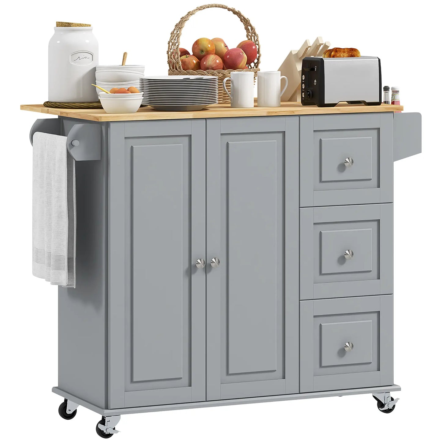 Kitchen Island on Wheels, Drop Leaf Cart with Drawers, Grey Kitchen Islands & Kitchen Carts Grey, Natural at Gallery Canada