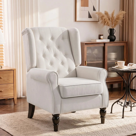 Modern Wingback Chair, Tufted Fabric Armchair With Wood Legs, White Accent Chairs Cream at Gallery Canada