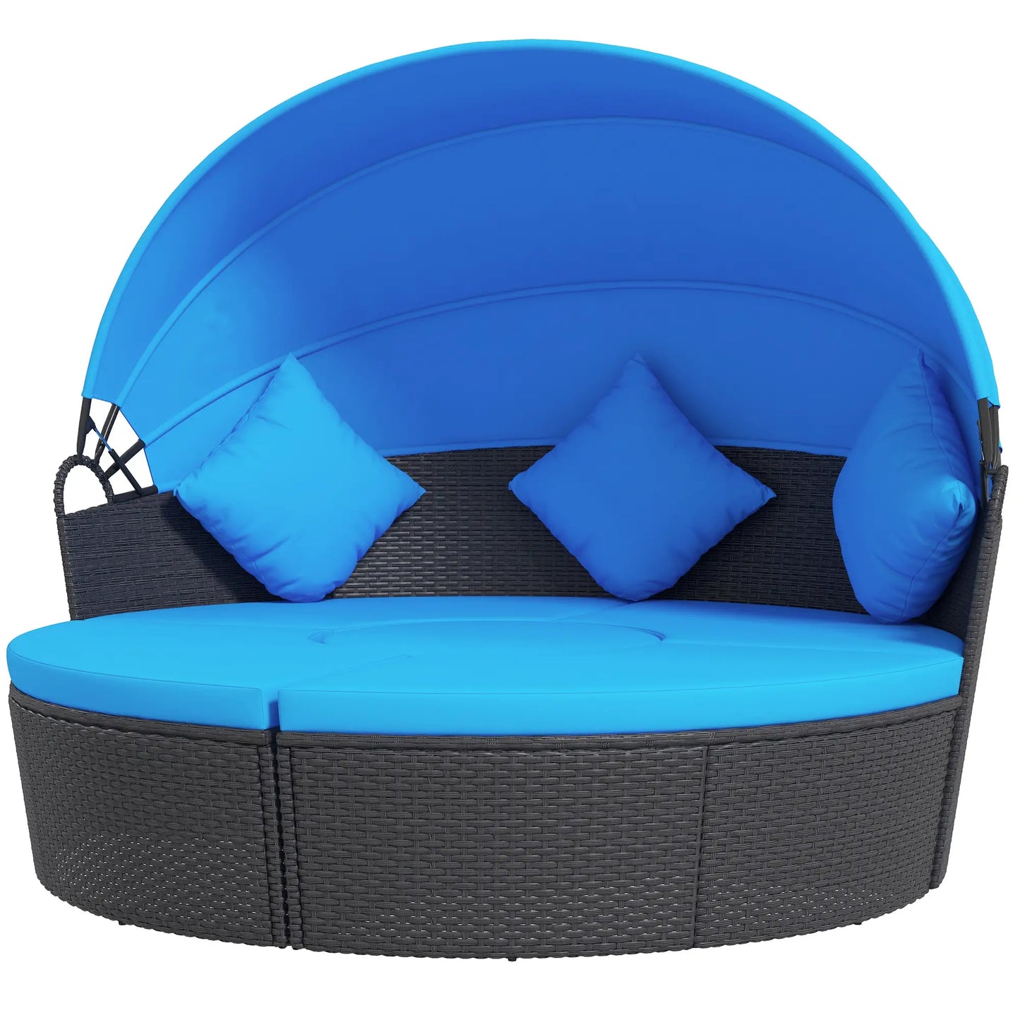 4-Piece Round Sofa Bed, Outdoor Daybed, Retractable Canopy, PE Rattan Daybeds Black Rattan, Blue Cushion at Gallery Canada