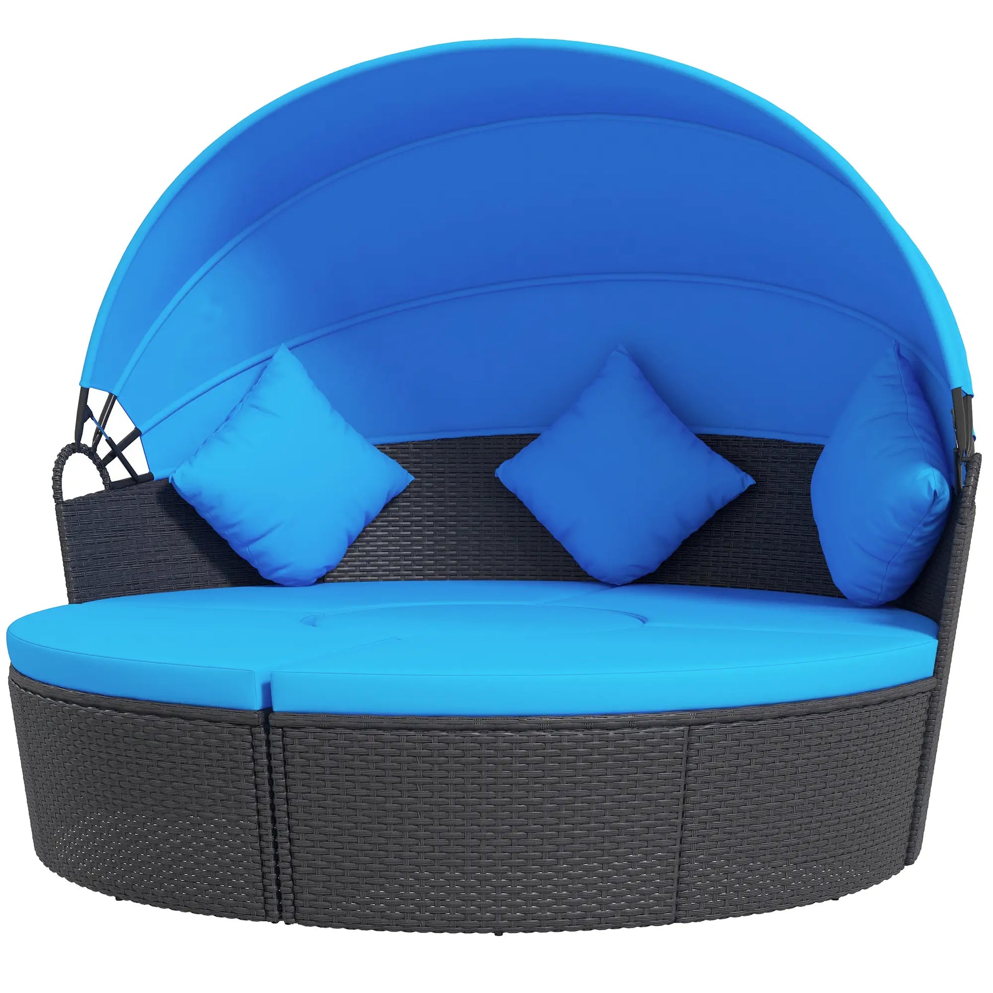 4-Piece Round Sofa Bed, Outdoor Daybed, Retractable Canopy, PE Rattan Daybeds Black Rattan, Blue Cushion at Gallery Canada