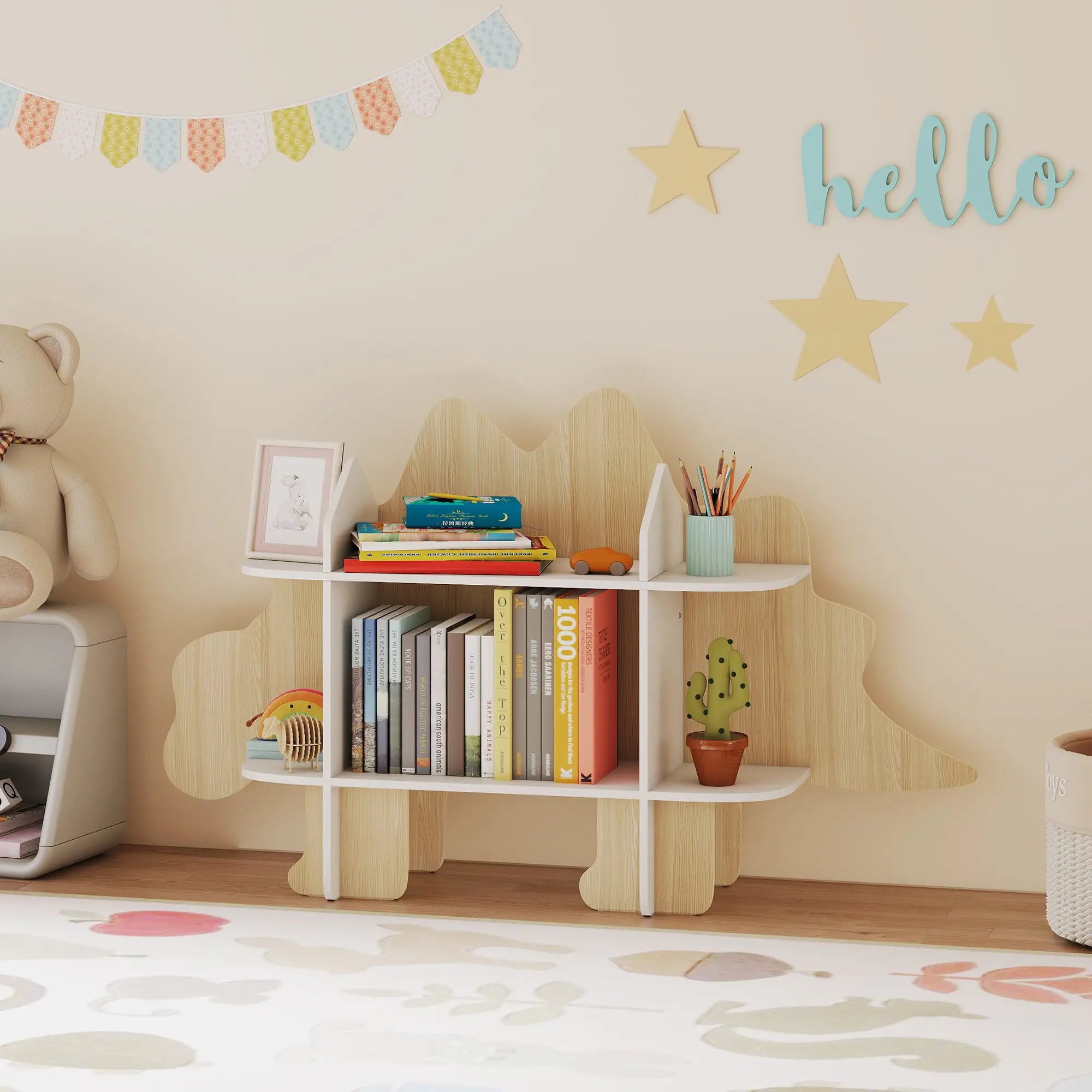 Dinosaur Kids Bookshelf, 2 Tier Bookcase, Natural Bookshelves & Bookcases at Gallery Canada