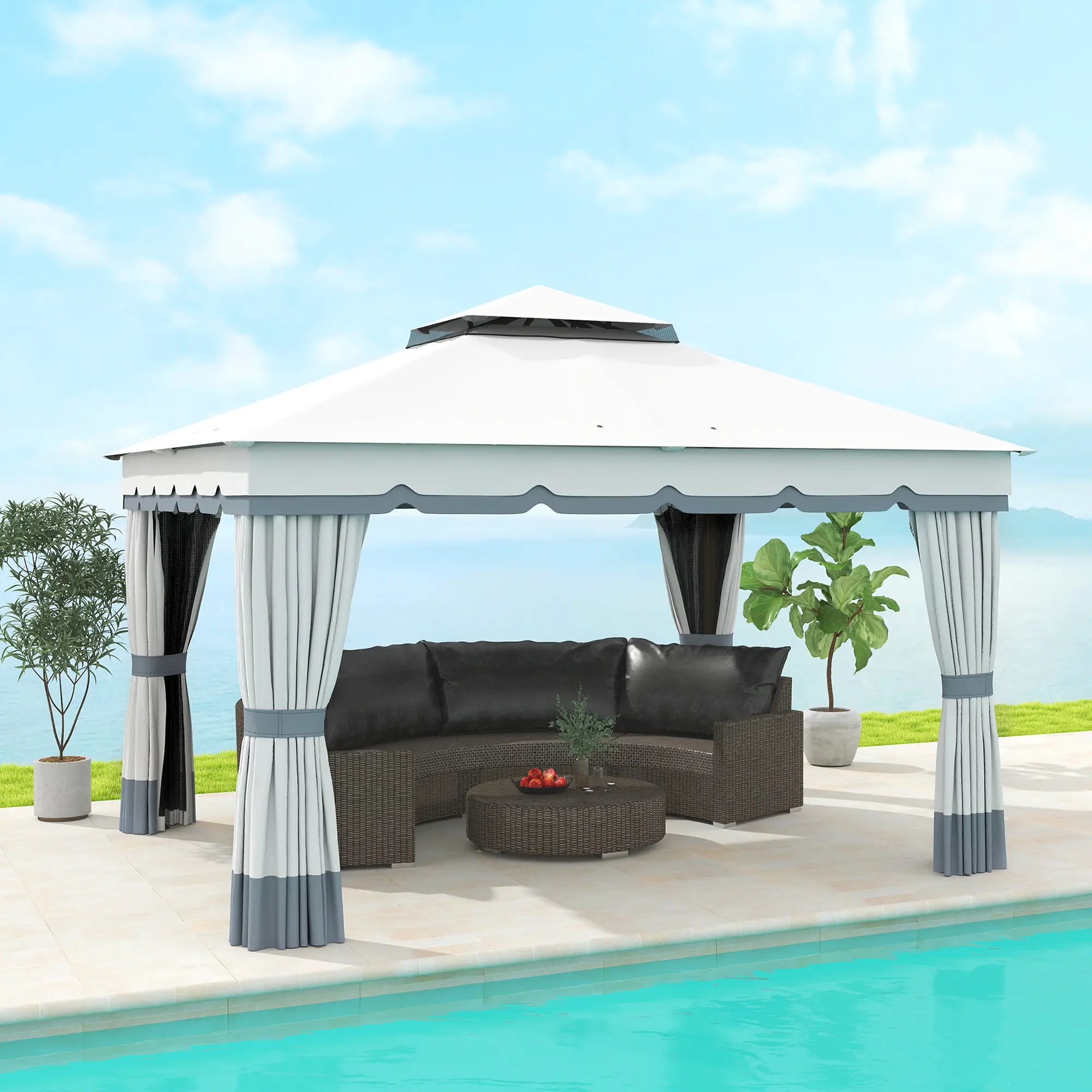 10' x 12' Double Roof Gazebo, Outdoor Shelter with Netting, Curtains Gazebos at Gallery Canada