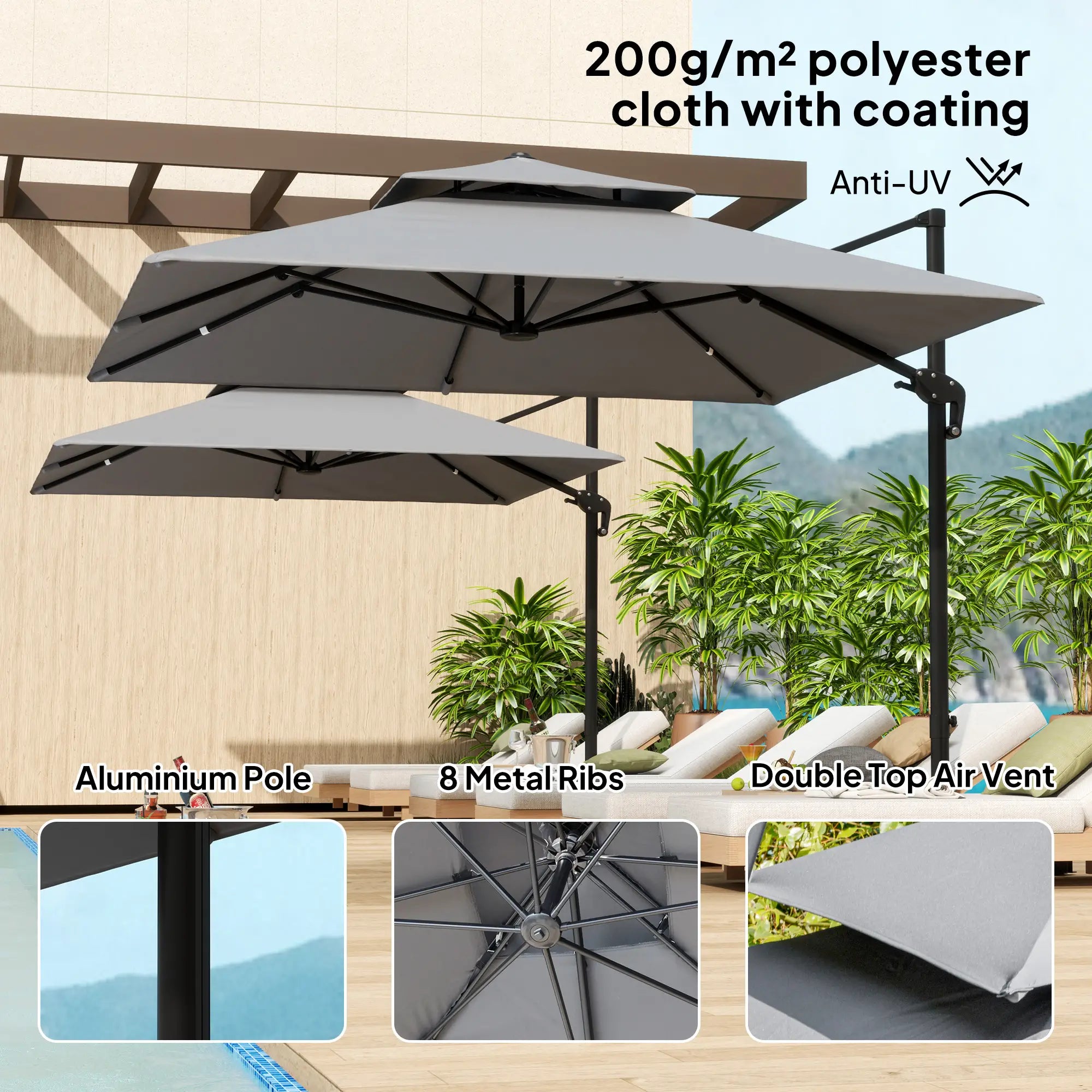 10' x 10' Cantilever Patio Umbrella, Double Top, Light Grey Cantilever Umbrellas at Gallery Canada